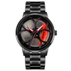 New Car Wheel Rim Watch With Scroll Creative Fashion Analog Watch, Black Dial Zinc Alloy Case Men's Watch, Stainless Steel Black Strap, Quartz Movement, Waterproof And Scratch-Resistant