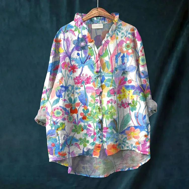 Women's Vintage Floral Art Print Casual Cotton And Linen Ruffle Shirt