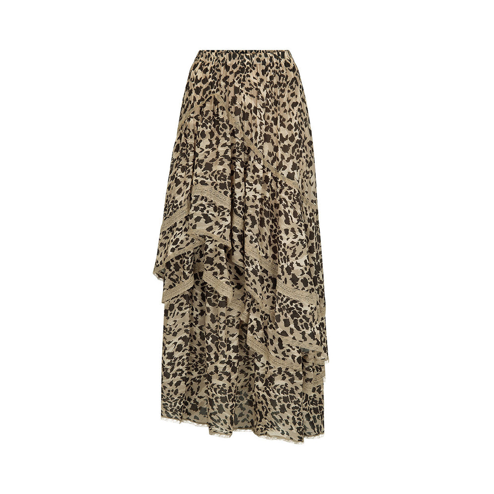 Ootddress Leopard Printed Maxi Skirt Female Ruffled Patchwork Fashion Summer 2025 High Waist Bandage Party Looks Women Long Skirt