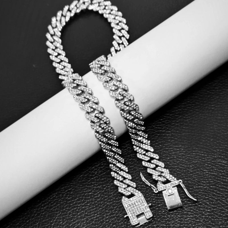 New 12mm Bar-shaped Men’s Cuban Chain Necklace Gold-plated Full Diamond Alloy Hip Hop Style Chain