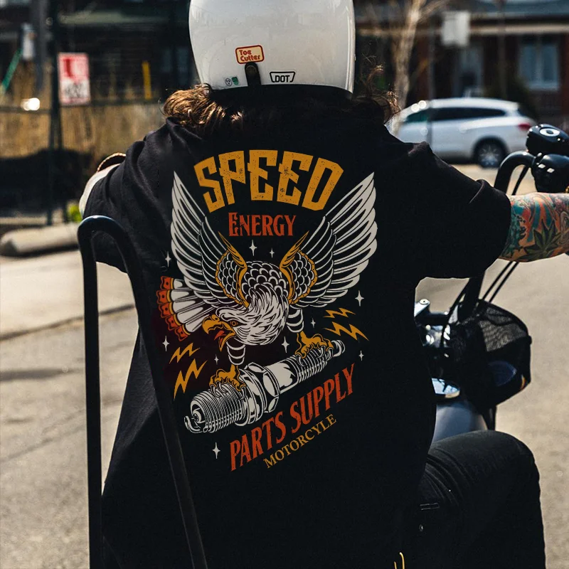 SPEED ENERGY Eagle Motor Head Black Print T-Shirt