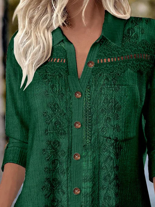 Women 3/4 Sleeve Shirt Collar Floral Printed Graphic Lace Button Pockets Tops