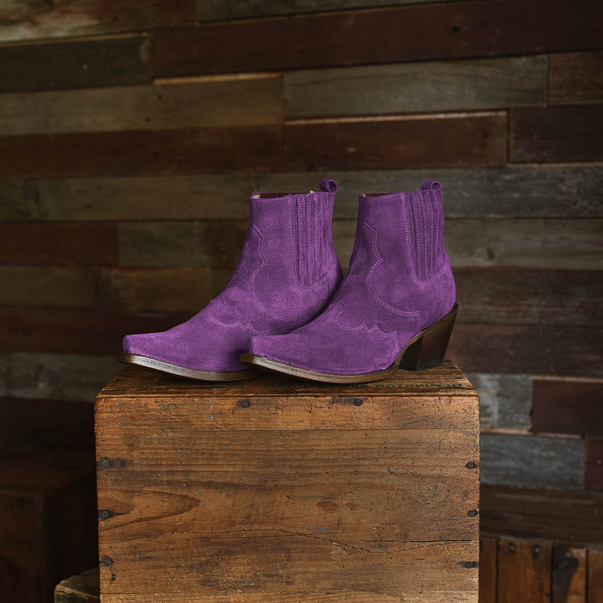 Purple Vegan Suede Snip Toe Chunky Heel Ankle Boots for Women Nicepairs