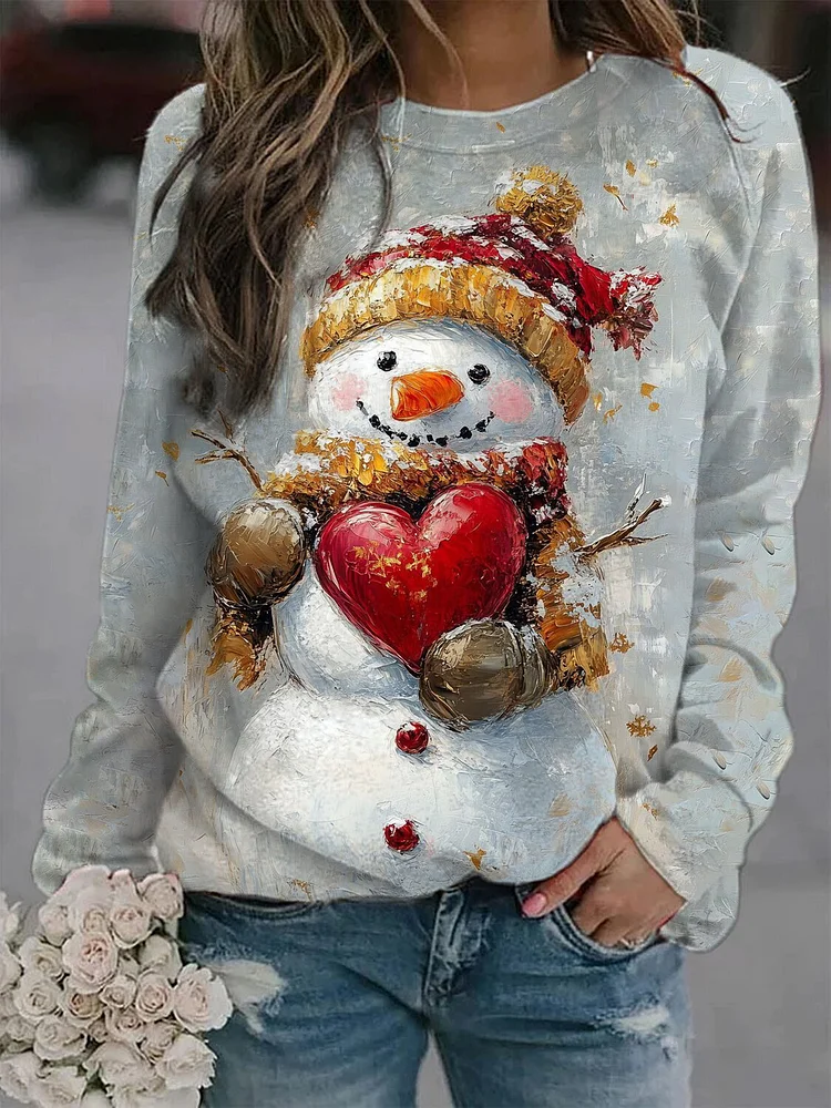 Women's Oil Painting Snowman Art Print Casual Sweatshirt