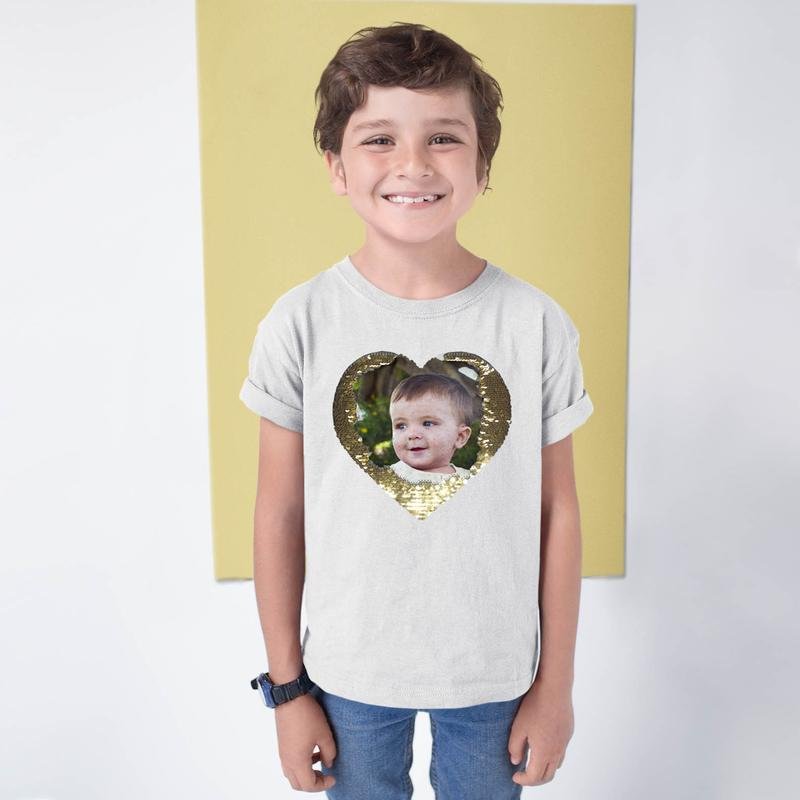 Vangogifts Custom Kids Flip Sequin Soft Shirt Personalized Reversible Sequin Heart Shirt, Your Picture And Text Custom Kids Tee, Birthday Gift Idea For Mom, Custom Your Shirt