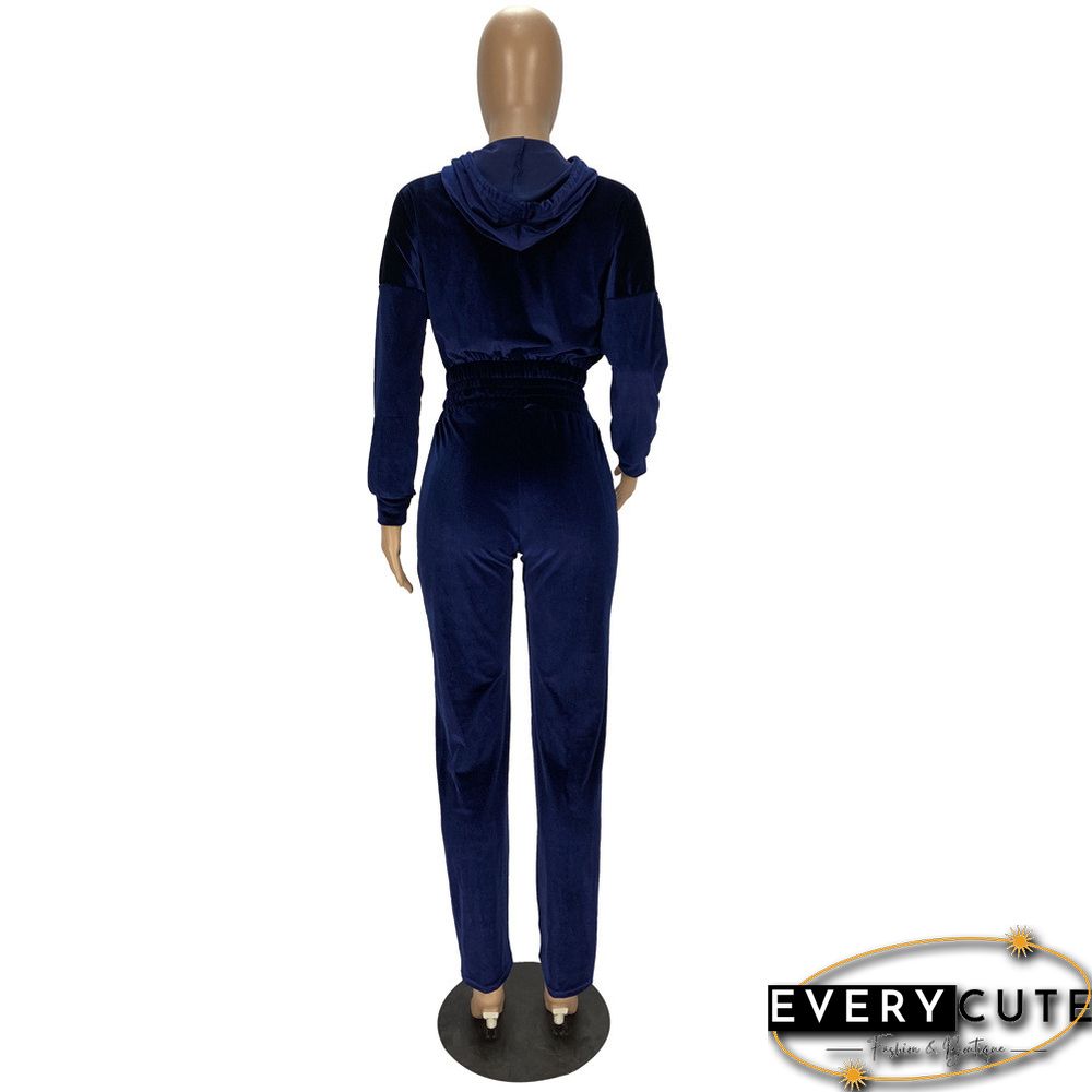 Navy Blue Korea Velvet Zipper Top with Pant Set