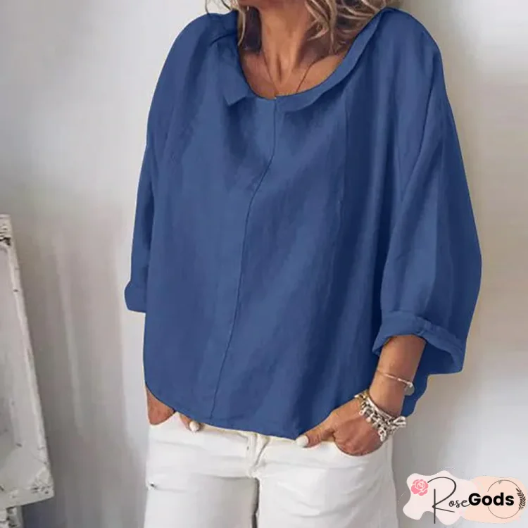 Women Long Sleeve Cotton Linen Casual Lapel Neck Tops Solid Blouse Tops Linen