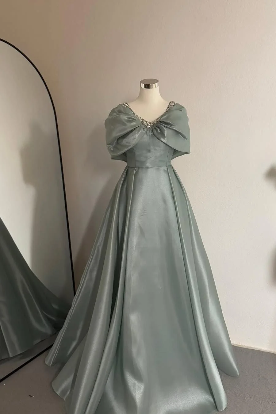 Miabel Charming Silver Off the Shoulder V Neck Strapless Long Prom Dress with Beadings 