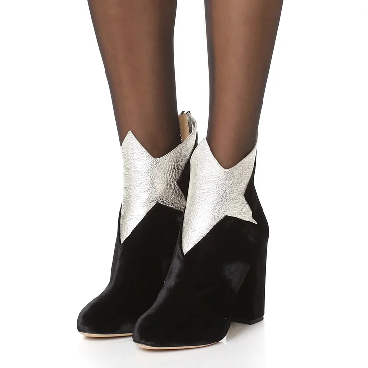 Black Vegan Suede Silver Star Block Heel Ankle Boots |FSJ Shoes