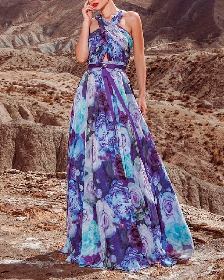 Elegant Print Crossover Halter Neck Maxi Dress