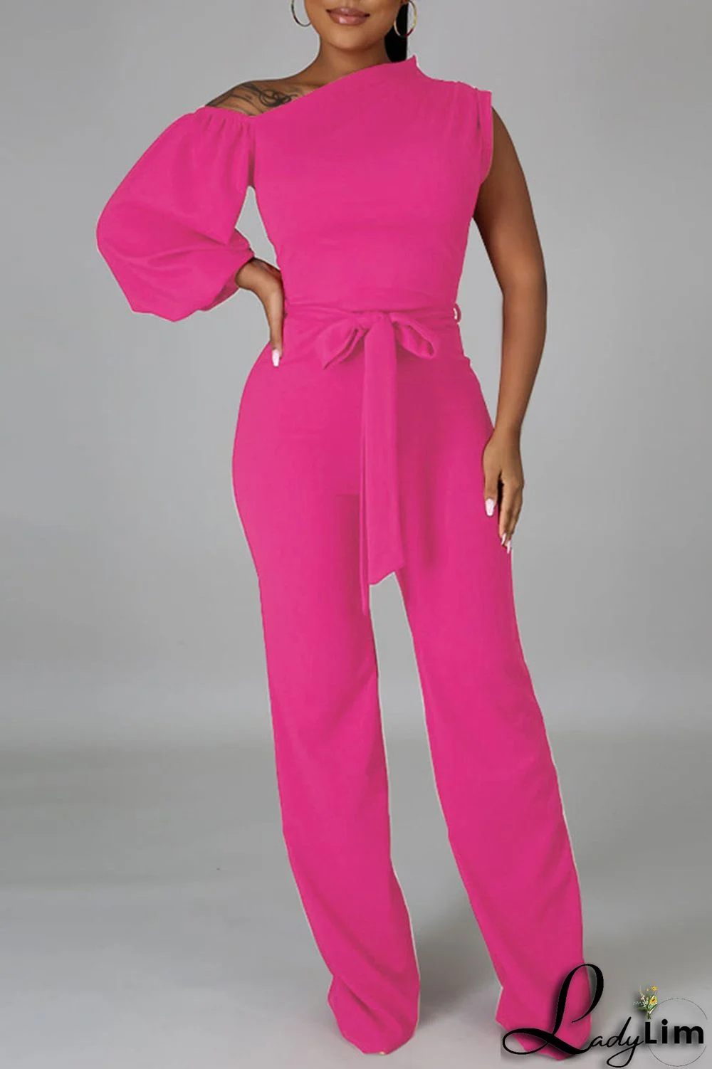 Black Fashion Casual Solid Patchwork Asymmetrical Asymmetrical Collar Straight Jumpsuits