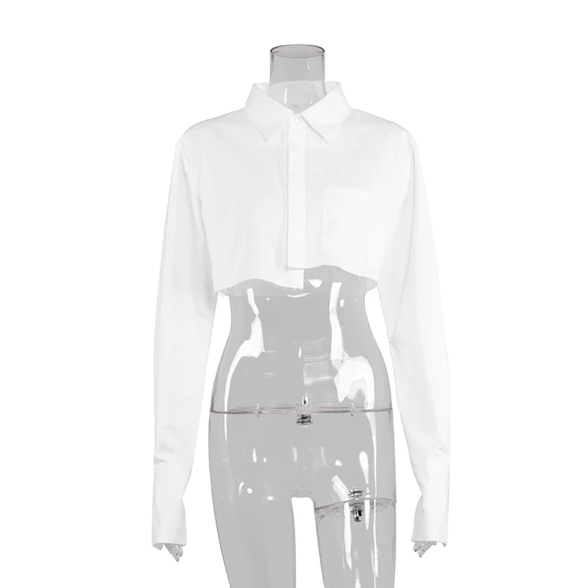 Jangj High Street Solid Crop Shirt Female Button Cut Up Women' Shirt White Tassel Cotton Short Top Kpop Fashion OL Lapel Collar Blouse