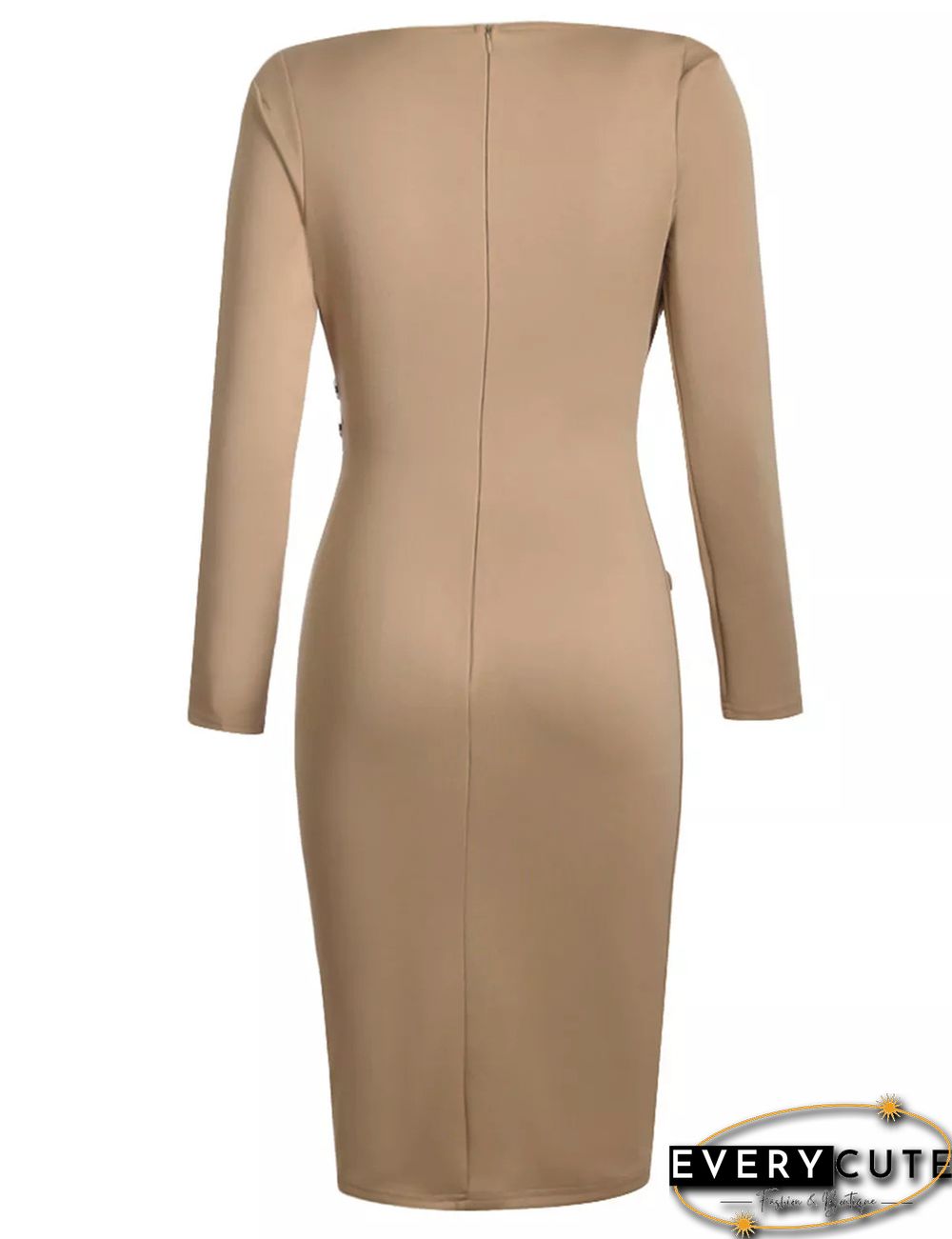 Khaki Heart V Neckline Button Detail Midi Dress