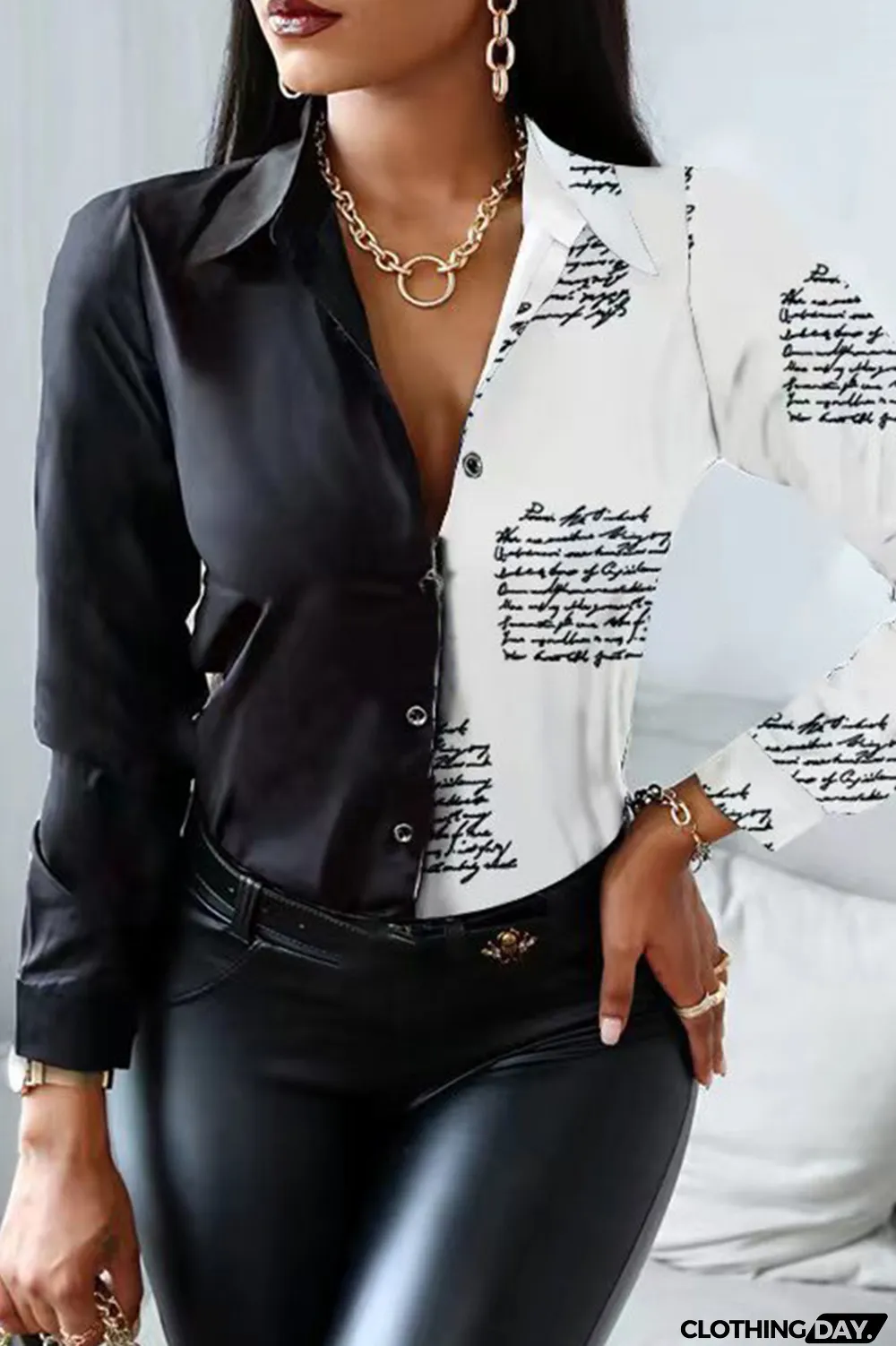 White Fashion Casual Print Patchwork Turndown Collar Tops