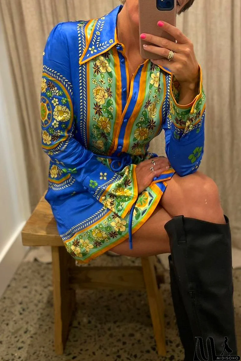 MidiSono - Casual Flowers Print Lace Up Turndown Collar Shirt Dresses