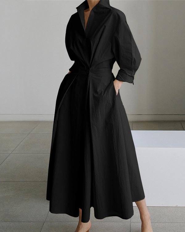 Elegant Solid Color Long Sleeve Shirt Dress