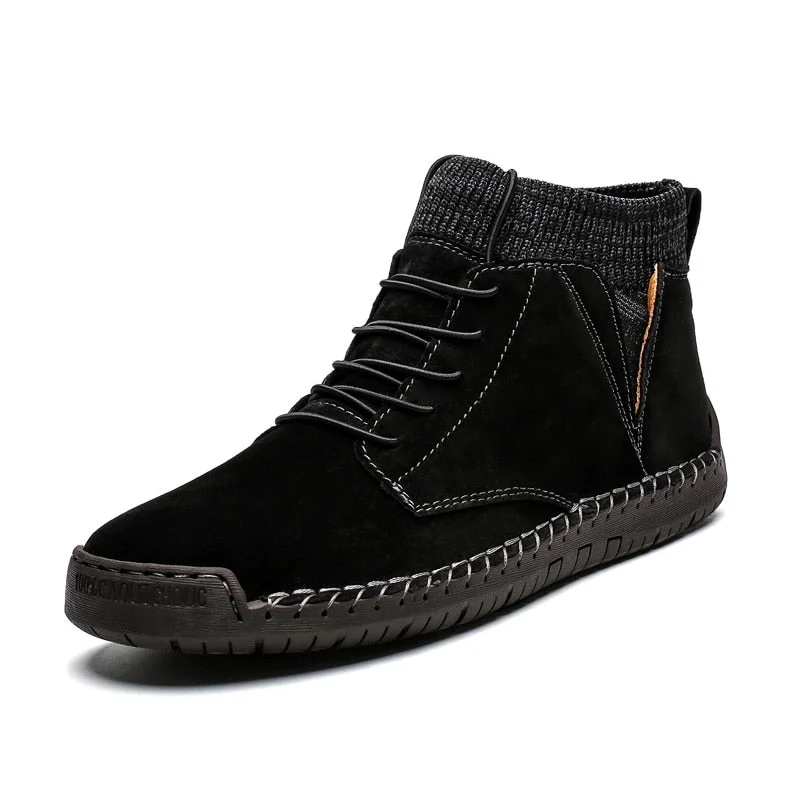 Nine o'clock 2020 Quality Winter Men's Leather Boots Outdoor Comfortable Elastic Sock Male Shoes Casual High-Top Lace-up Boots
