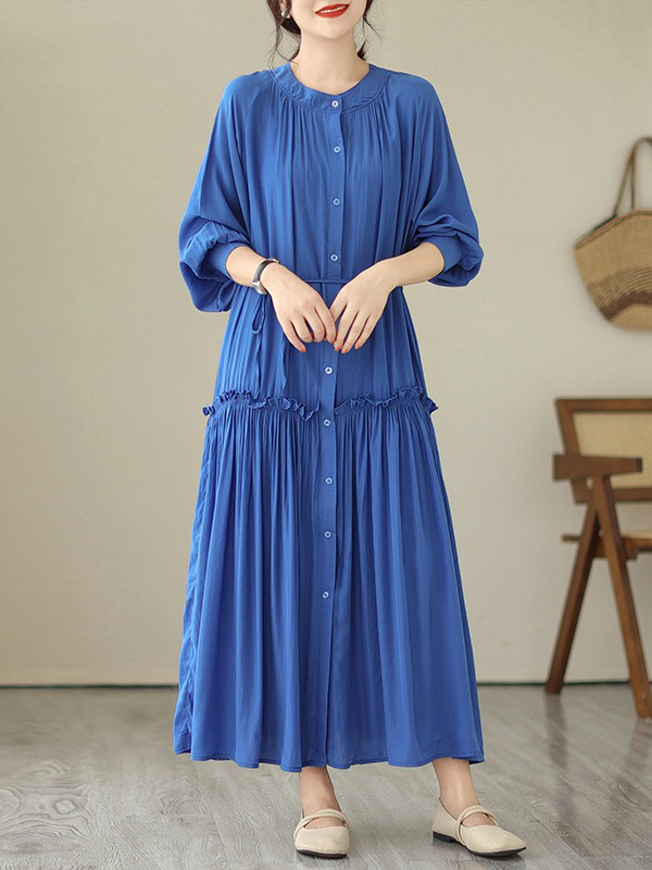 Tiered Ruffles Half Balloon Sleeves Round Neck Loose Maxi Dress