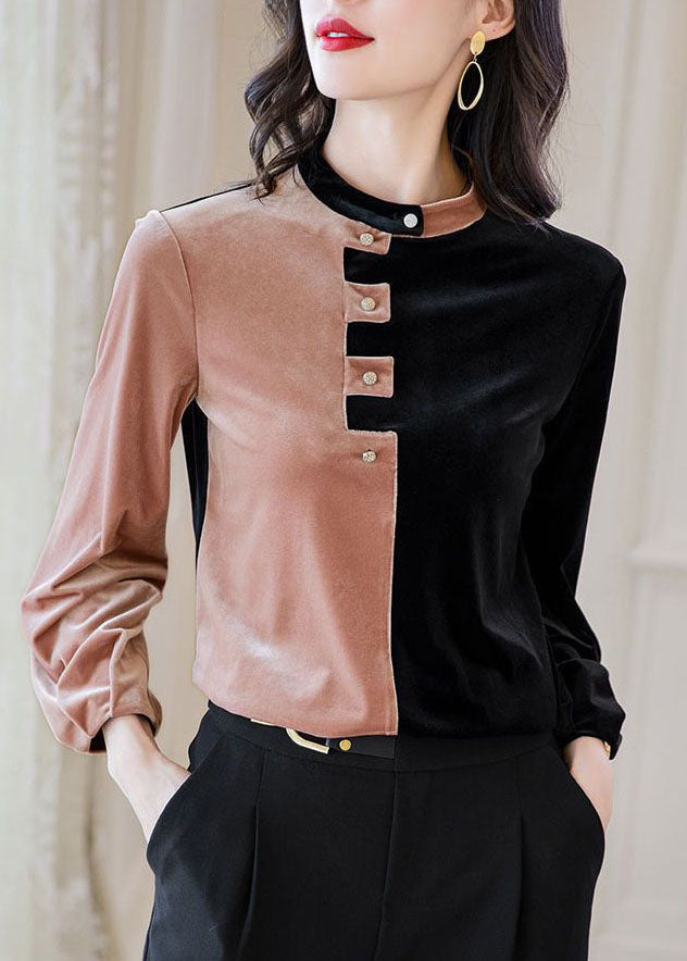 VCSHOES Colorblock Stand Collar Asymmetrical Patchwork Silk Velour Shirt Top Long Sleeve