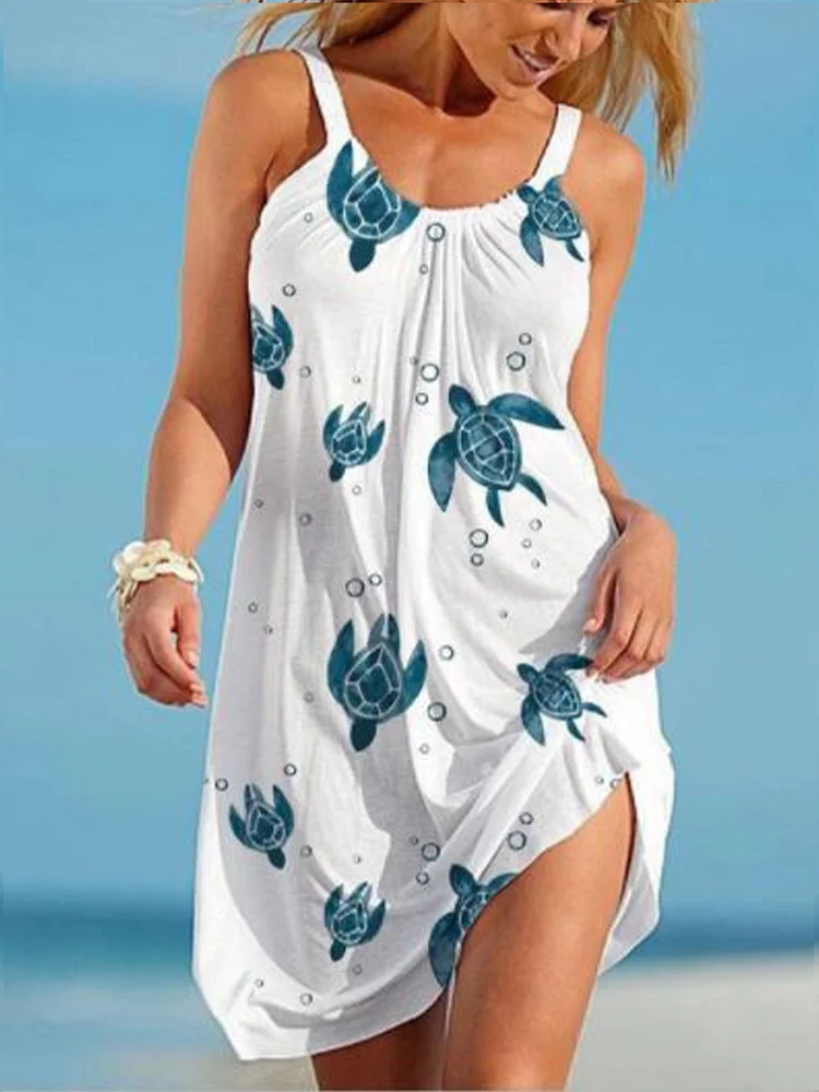 Women's Sea Turtle Print Casual Dress-mysite