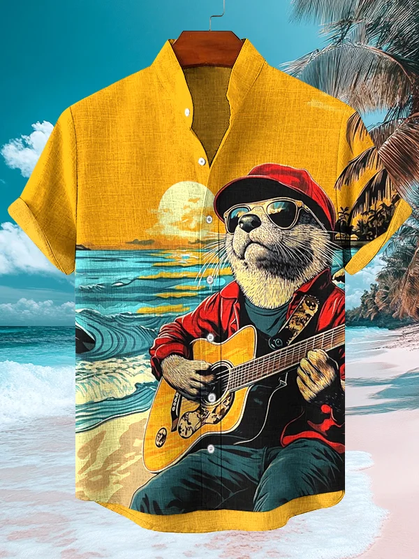 Men's Vacation Beach Otter Playing Guitar Print Short Sleeve Shirt