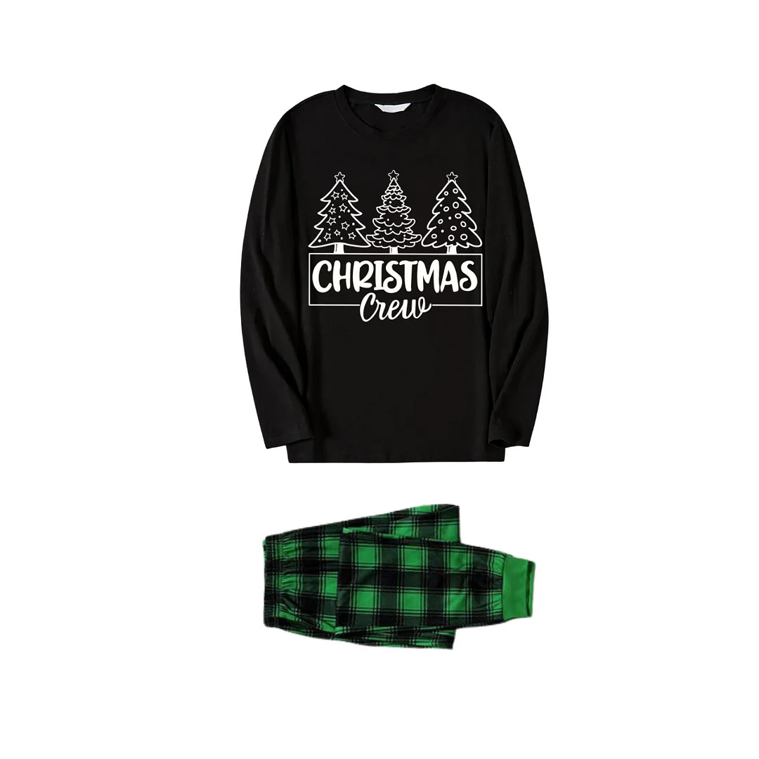 Christmas Tree and "Merry Christmas" Print Black Long Sleeve Top with Green and Black Plaid Family Matching Pajamas