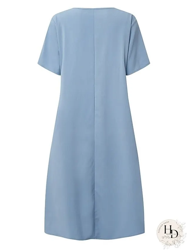 Casual Dress Shift Dress Midi Dress Blue Green Short Sleeve Pure Color Ruched Fall Spring Summer Crew Neck Basic Daily Weekend Loose Fit S M L XL XXL 3XL 4XL 5XL for Women