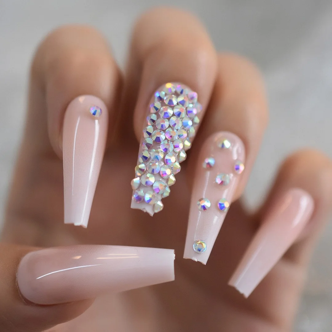 Luxury Fake Nails Designer Extra Long Ombre French Jewelry Pre-designed Nails Natural Stiletto AB Stones Decoration Tips-Nail Inspo