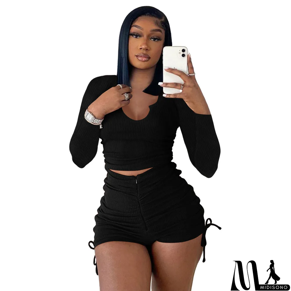 MidiSono - Women Spring Casual U Neck Long Sleeve Top+Pleated Shorts Two Piece