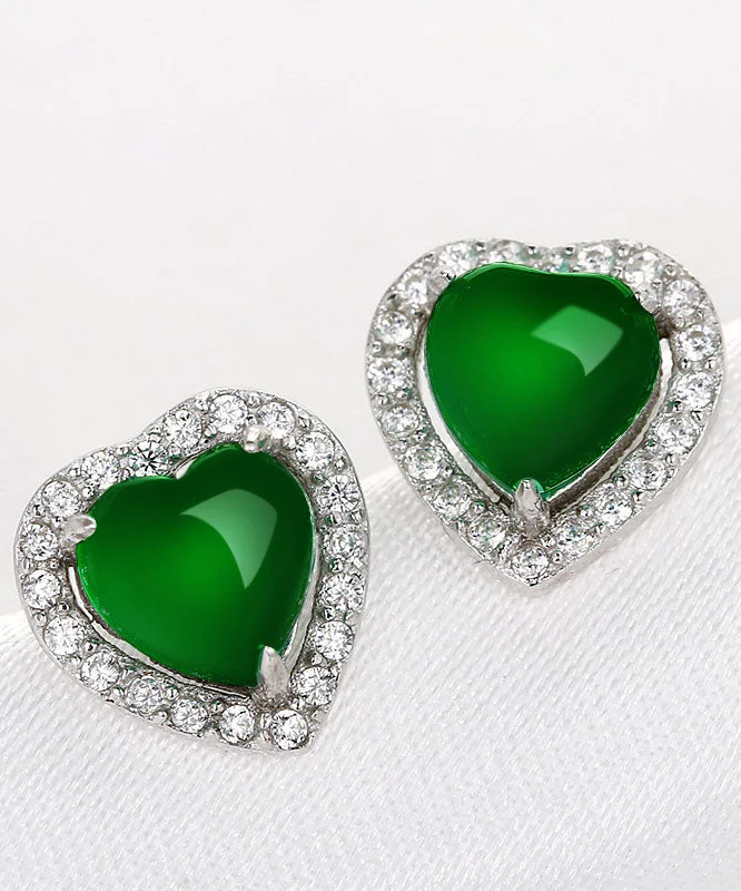 Unique Green Inlaid Gem Stone Zircon Love Stud Earrings