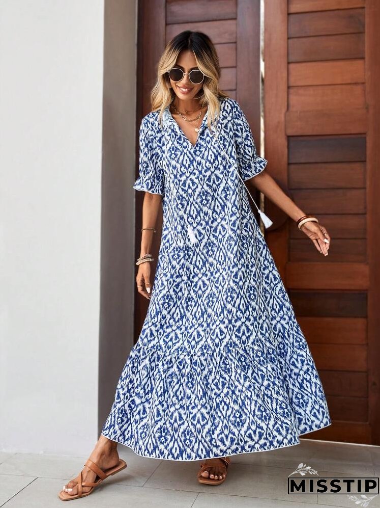 Allover Print Tassel Tie Neck Flounce Sleeve Ruffle Hem Smock Dress