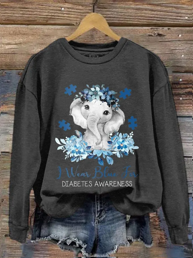 Women's I Wear Blue For Diabetes Awareness Elephant Flower Tree Print Sweatshirt