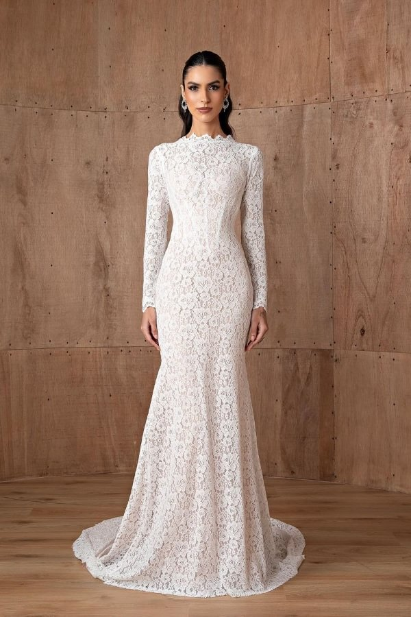Lisliy White Lace Mermaid Wedding Dress With Long Sleeves
