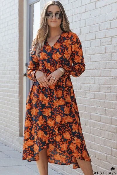 Printed Tie Front Smocked Long Sleeve Dress