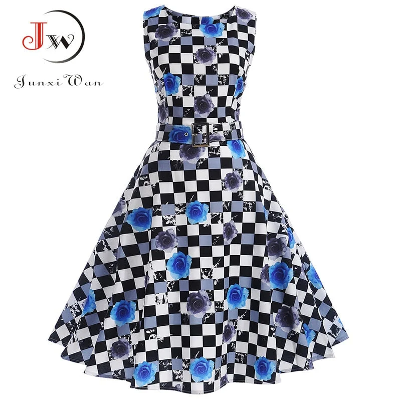 Women Summer Dress Print Floral Robe Retro Swing Casual Elegant Vintage 50s Rockabilly Dress Party Dresses with Belt Vestidos