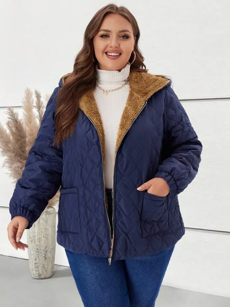 Plus Size Women's Hooded Zipper Casual Fleece Padded Coat With Pockets