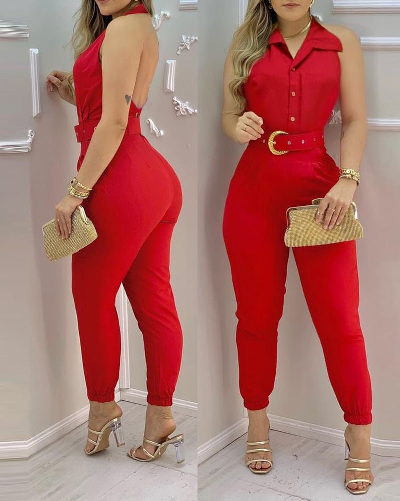 2022 Women Summer Sping Plain Thick Strap Jumpsuit With Belt V-Neck Thick Strap Sleeveless Solid Casual
