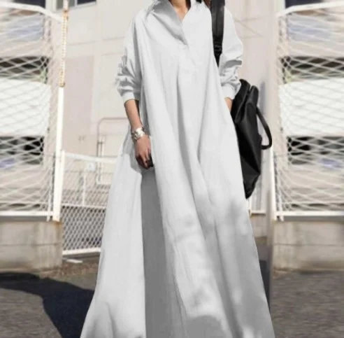 Urban Style Cotton Linen Long Sleeve Maxi Dress