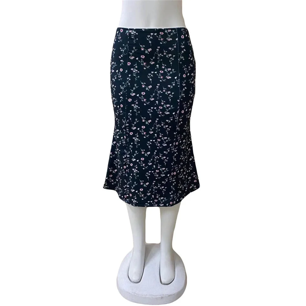 Brand New Women Midi Skirt Vintage Leisure Bohemia Floral Print Elastic Waist Med Calf Skirt for Summer Spring Vacation