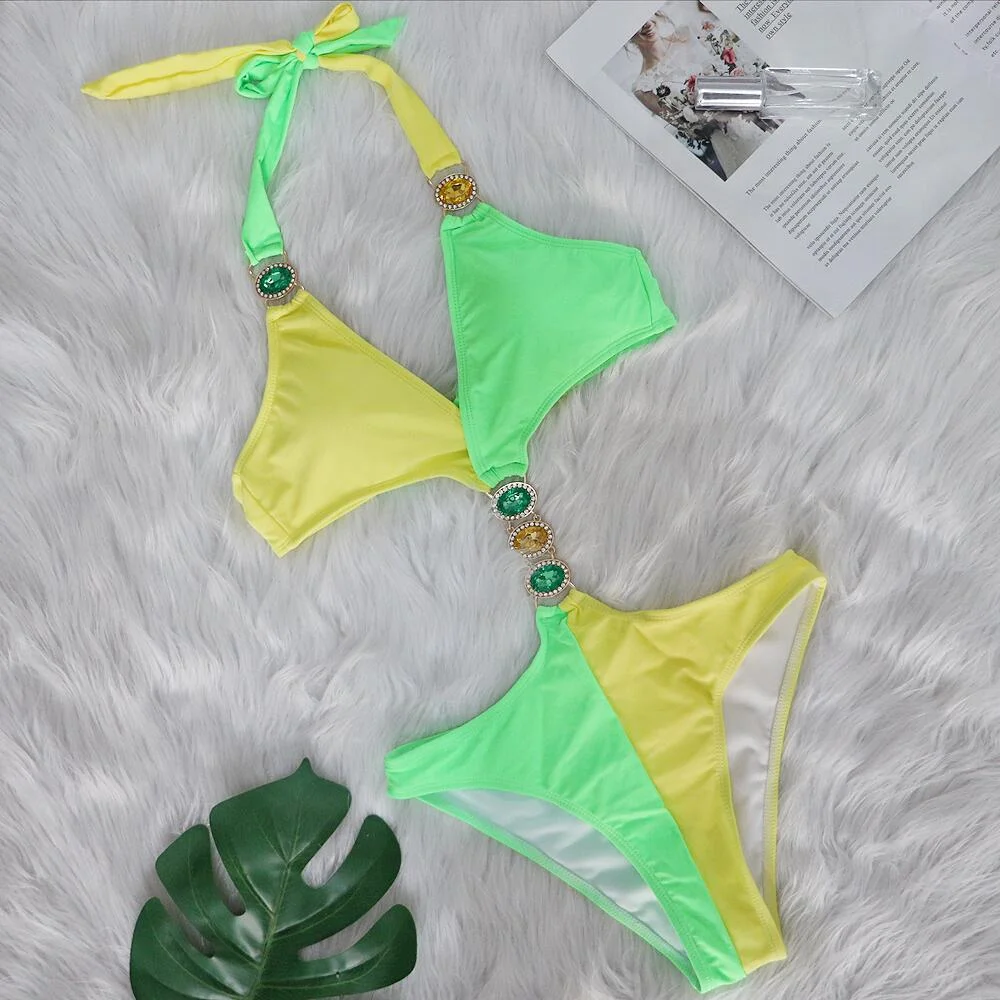 Uveng Uveng New Sexy Crystal Diamond Bikini Patchwork Women's Swimsuit Beach Vacation Swimsuit