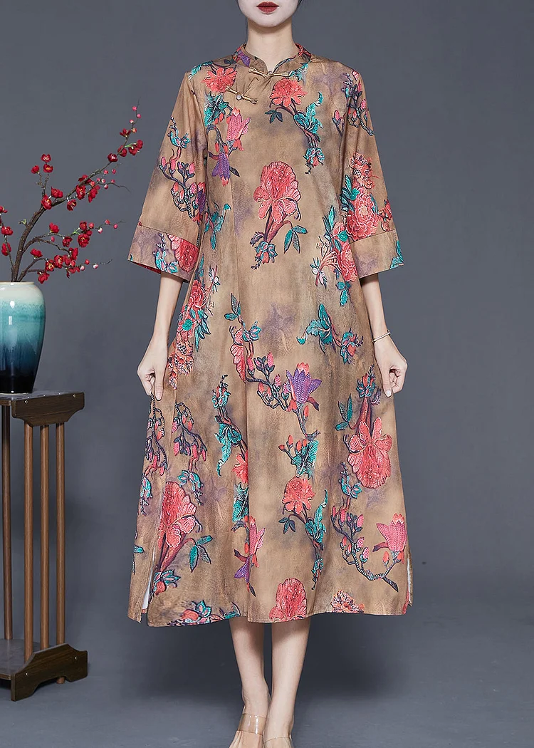 Chinese Style Khaki Print Cheongsam Long Dresses Fall