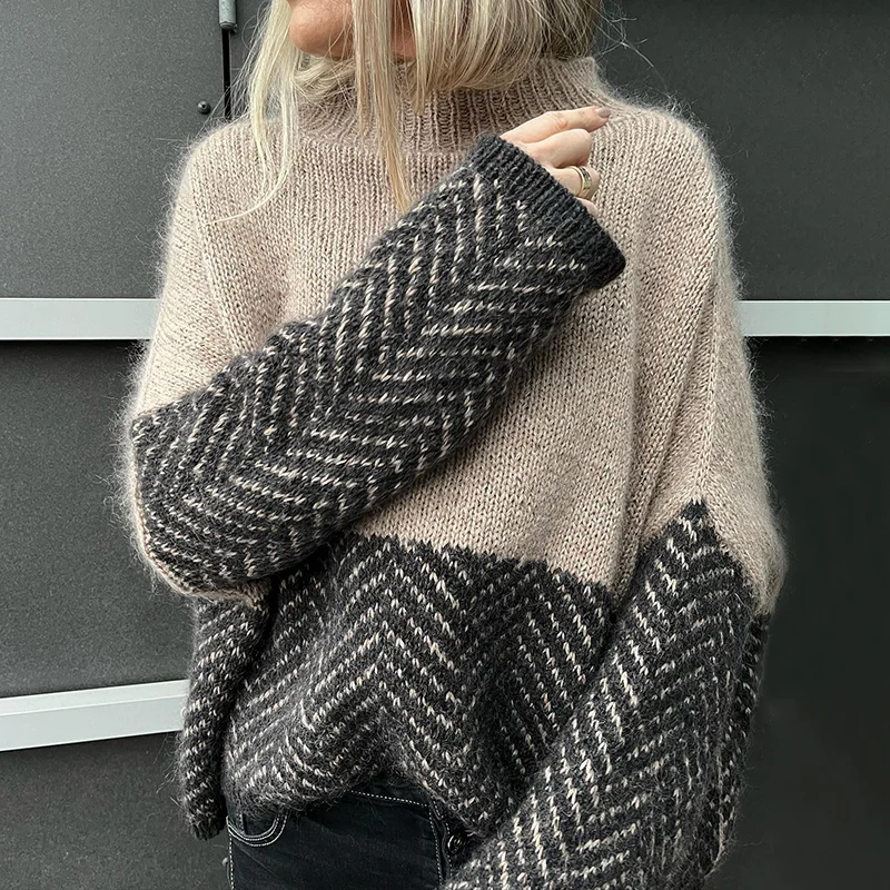 Herringbone Patchwork Solid Color Turtleneck Sweater