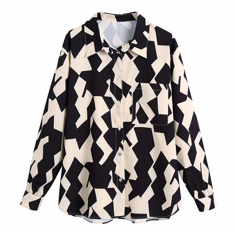 ZA 2021 Black Print Pocket Shirt Women Long Sleeve Button Up Asymmetric Shirts Female Fashion Side Vents Loose Blouse Top