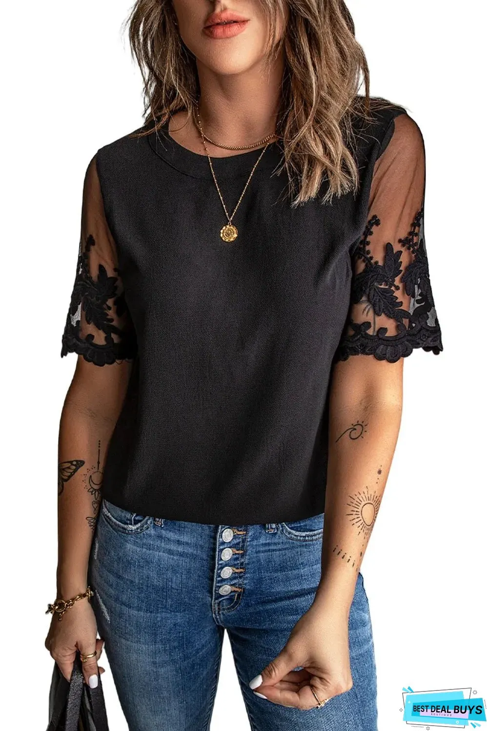 Black Floral Lace Sleeve Patchwork Top