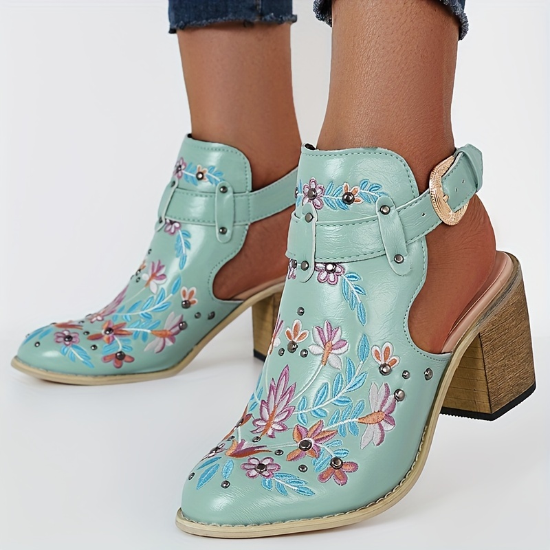 Women's Retro Floral Embroidered Block High Heels Boots, Closed Toe Slingback Buckle Strap Sandals, Closed Toe Cowgirl Boots