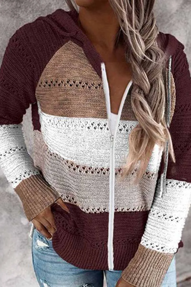 Abebey Contrast Color Knitted Zipper Lightweight Hoodie