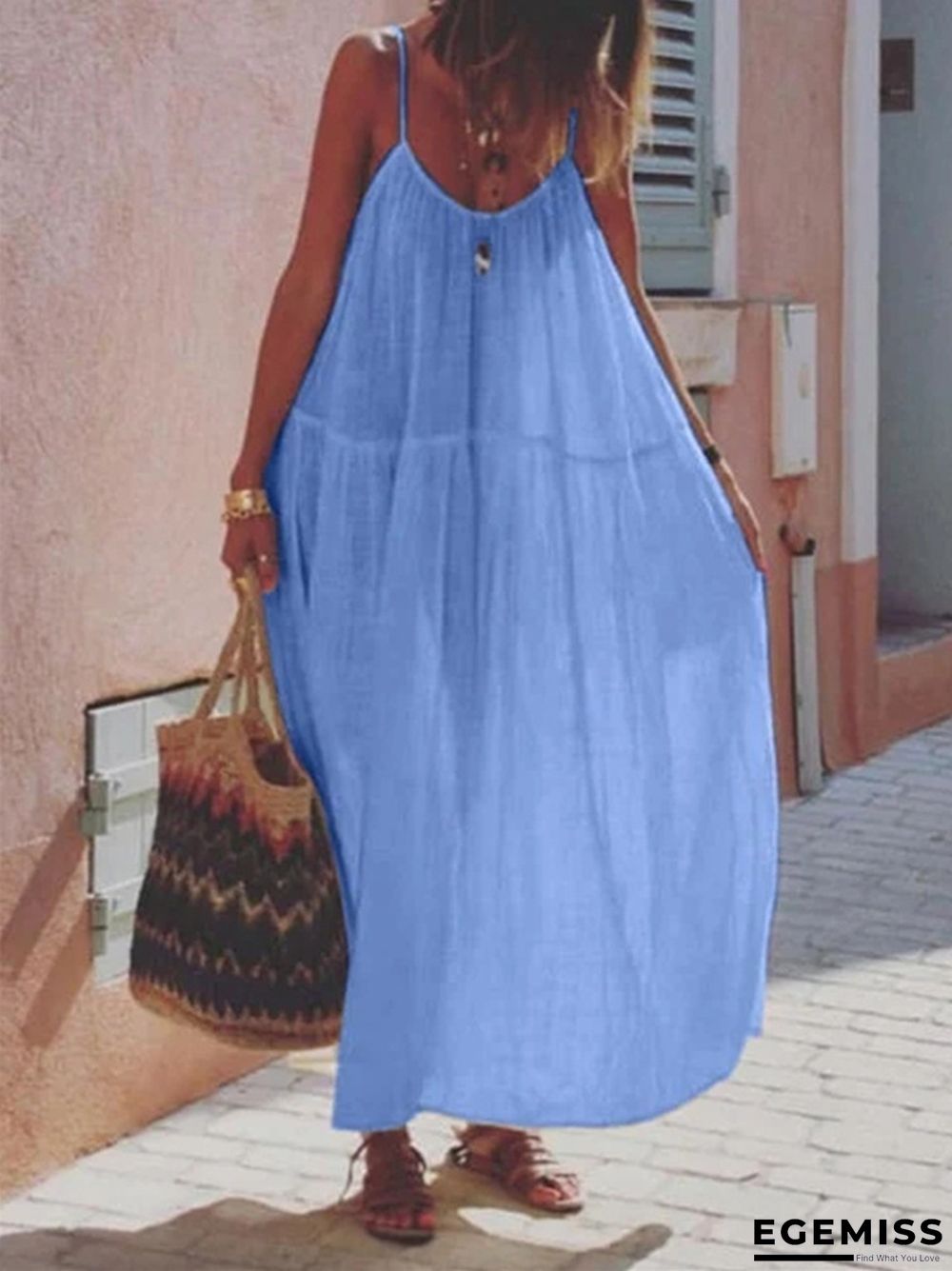 Long Skirt Solid Color Stitching Cotton and Linen Sleeveless Sling Dress | EGEMISS
