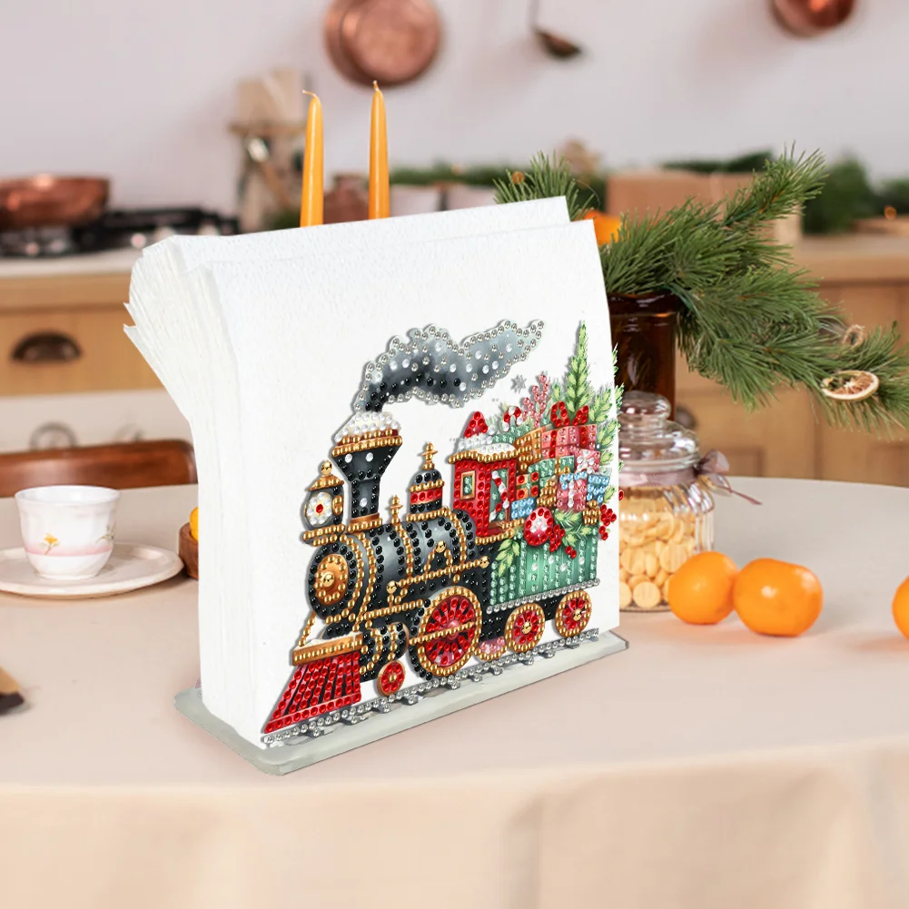 5D DIY Christmas Train Acrylic Double Sided Diamond Art Paper Towel Storage Rack Decor
