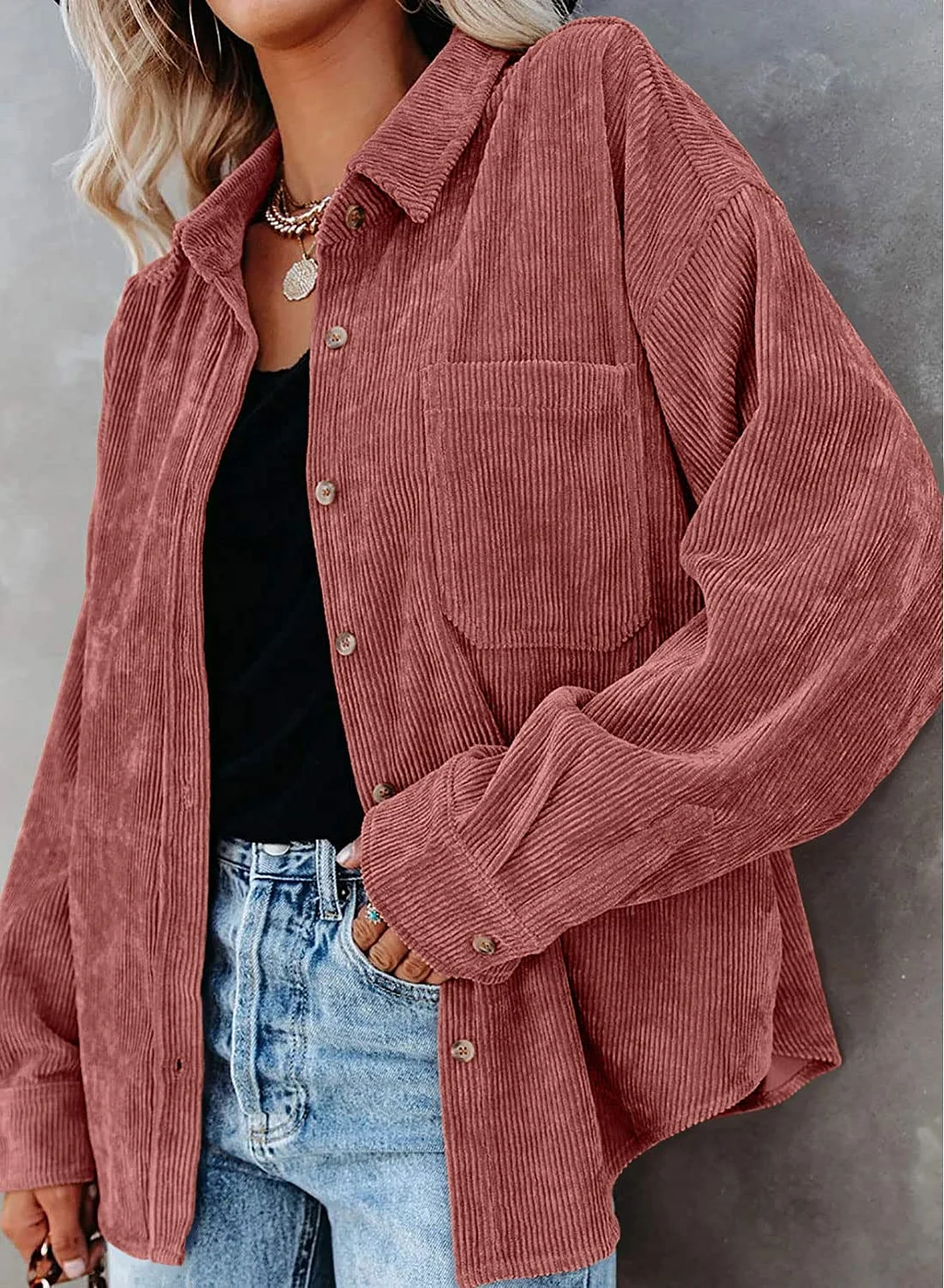 MIHOLL Women Corduroy Long Sleeve Button Down Collared Shirt Jacket Tops