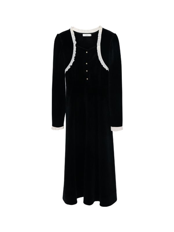 Vintage Velvet Buttoned Paneled Lace Up A-line Dress
